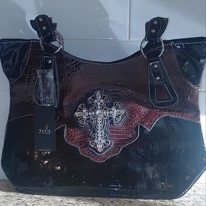 Women's alligator print with rhinestone cross silver studs purse